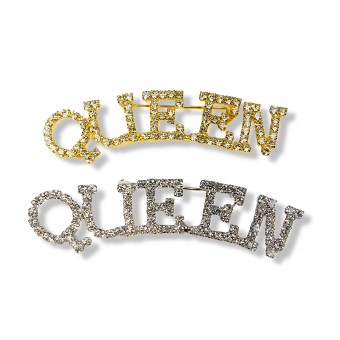 “Queen” Curved Rhinestone Pin